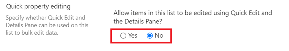 Mostrando campos do SharePoint selecionados como somente leitura — 1) Desative a visualização de edição rápida do SharePoint (imagem 2 de 2)