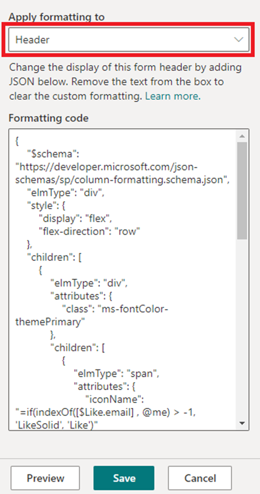 formulário SharePoint — 3) Adicione o conteúdo JSON personalizado ao cabeçalho ou rodapé do formulário para exibir os valores do campo (imagem 4 de 5)